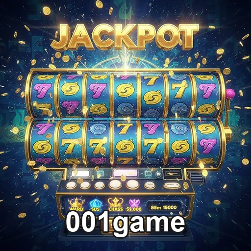 Imagem de uma máquina de caça-níqueis do site 001game, destaque para símbolos coloridos e o tema de jogos de azar.