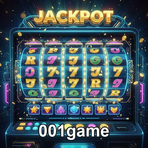 Imagem de uma máquina caça-níqueis no site 001game, destaque para símbolos coloridos e o ambiente de casino virtual.